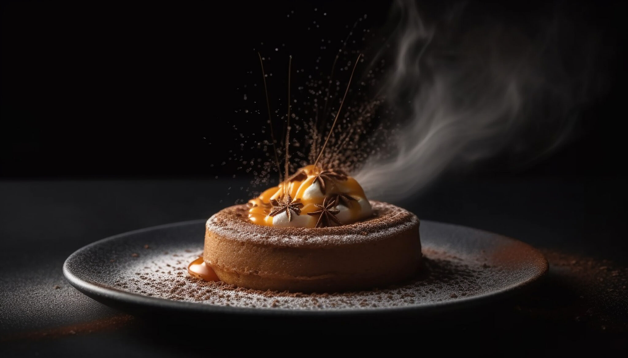 Sweet chocolate cheesecake slice on black crockery plate generated by artificial intelligence
